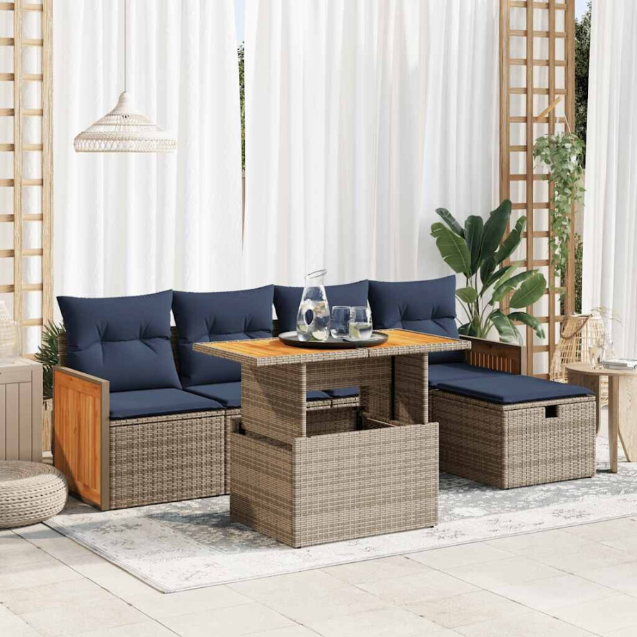 vidaXL 6-delige Loungeset met kussens poly rattan acacia grijs afbeelding 1