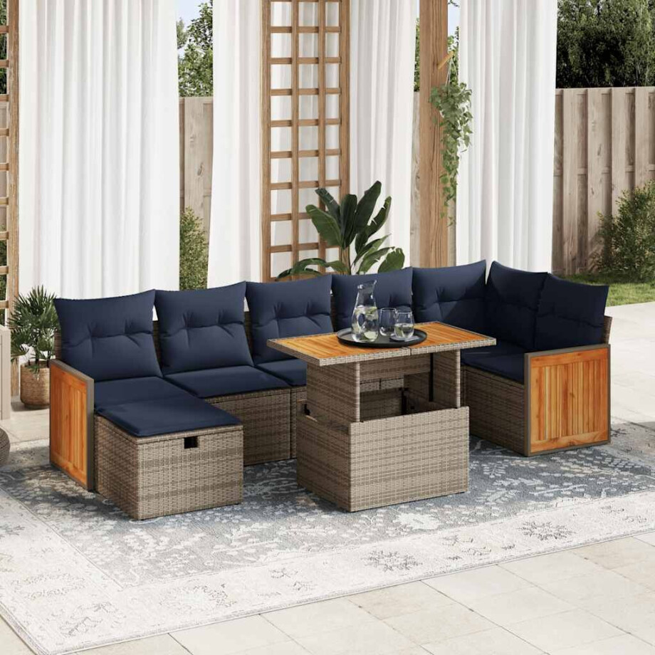 vidaXL 8-delige Loungeset met kussens poly rattan acacia grijs vidaXL 8-delige Loungeset met kussens poly rattan acacia grijs afbeelding 1