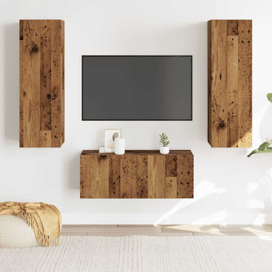 vidaXL Tv-wandkasten 3 st bewerkt hout oud houtkleurig afbeelding 1