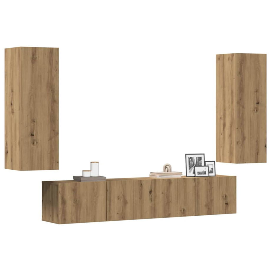 vidaXL Tv-wandkasten 4 st bewerkt hout artisanaal eikenkleurig afbeelding 1