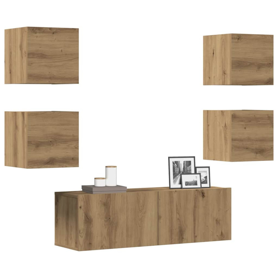 vidaXL 5-delig Tv-meubelset wandmontage bewerkt hout artisanaal eiken vidaXL 5-delig Tv-meubelset wandmontage bewerkt hout artisanaal eiken afbeelding 1