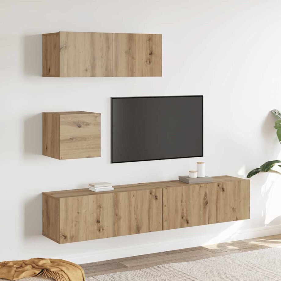 vidaXL 4-delig Tv-meubelset wandmontage bewerkt hout artisanaal eiken afbeelding 1