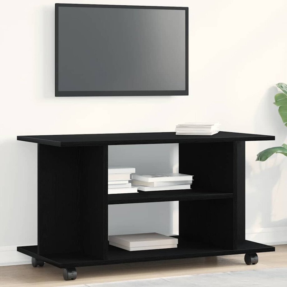 vidaXL TV-meubel met wielen Zwarte eik 80x40x45 cm Engineered Wood afbeelding 1