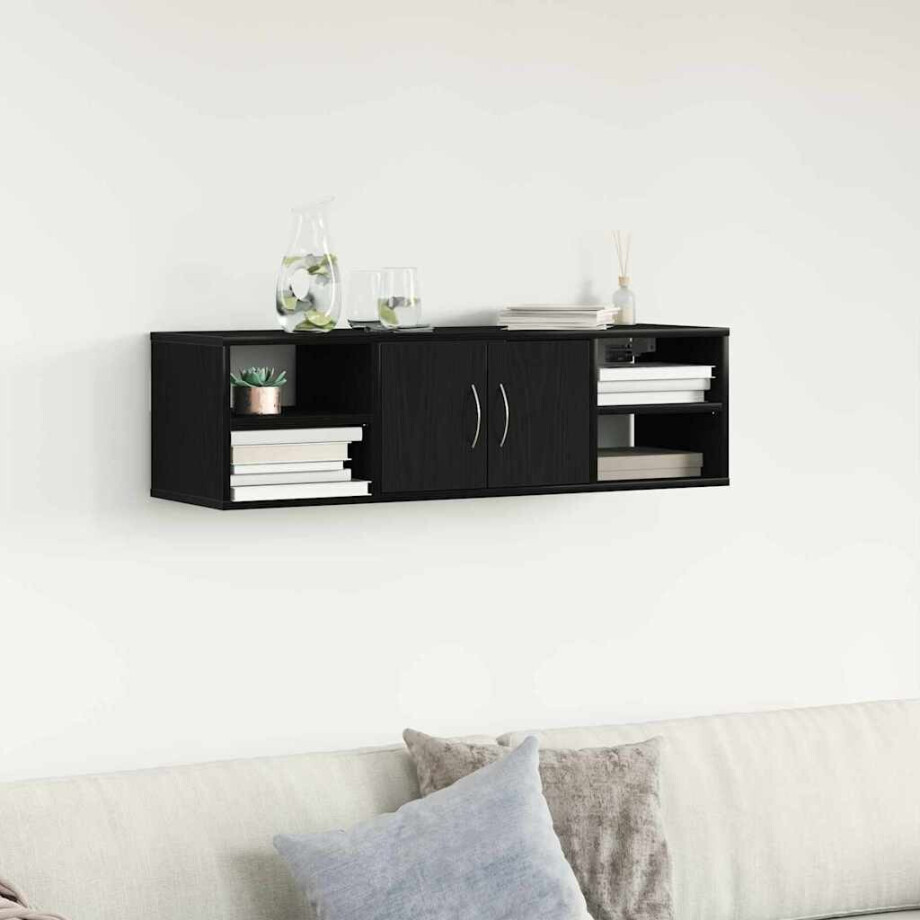 vidaXL Wandplank met plank Zwart Eiken 102 x 30 x 29 cm Bewerkt hout afbeelding 1