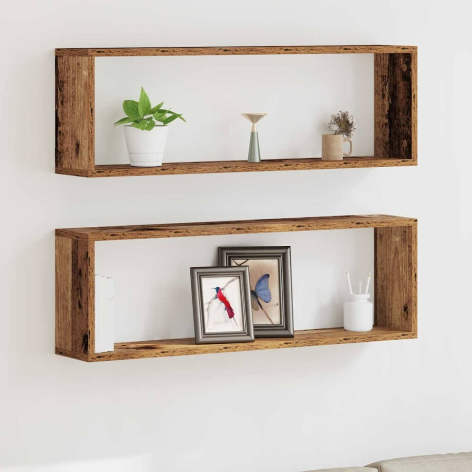 vidaXL Wandschappen 2 pcs Oudhout 80 x 15 x 26 cm Bewerkt hout afbeelding 1