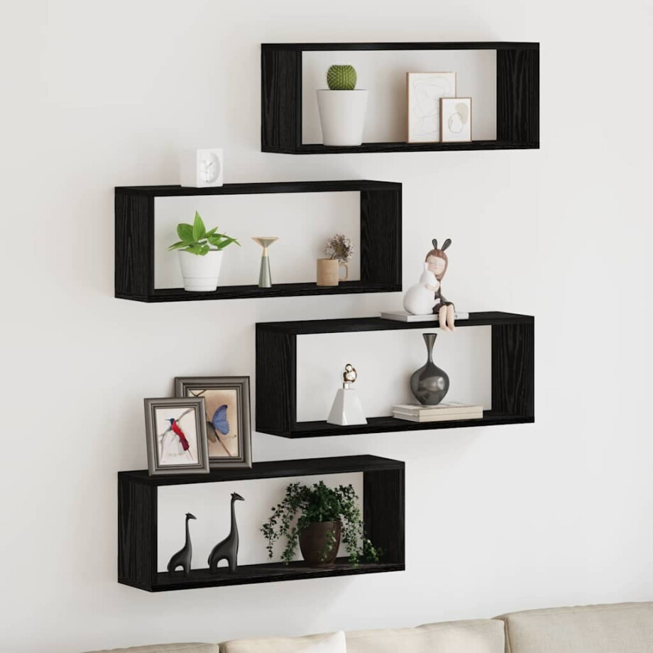 vidaXL Wandschappen 4 pcs Zwart Eiken 60 x 15 x 23 cm Bewerkt hout afbeelding 1
