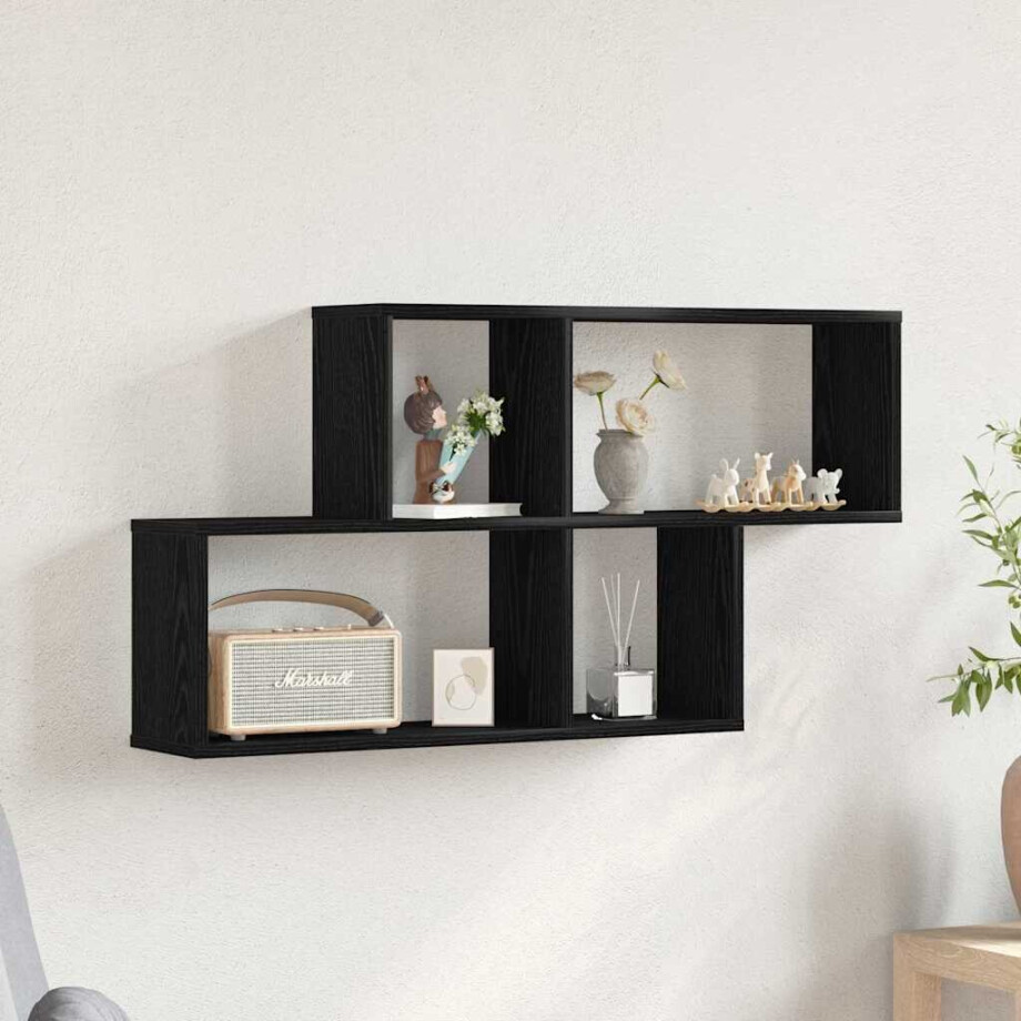 vidaXL Wandplank met plank Zwart Eiken 76 x 15 x 53 cm Bewerkt hout afbeelding 1