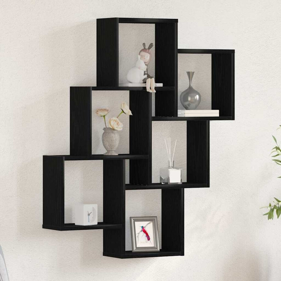 vidaXL Wandplank met plank Zwart Eiken 78 x 15 x 93 cm Bewerkt hout afbeelding 1