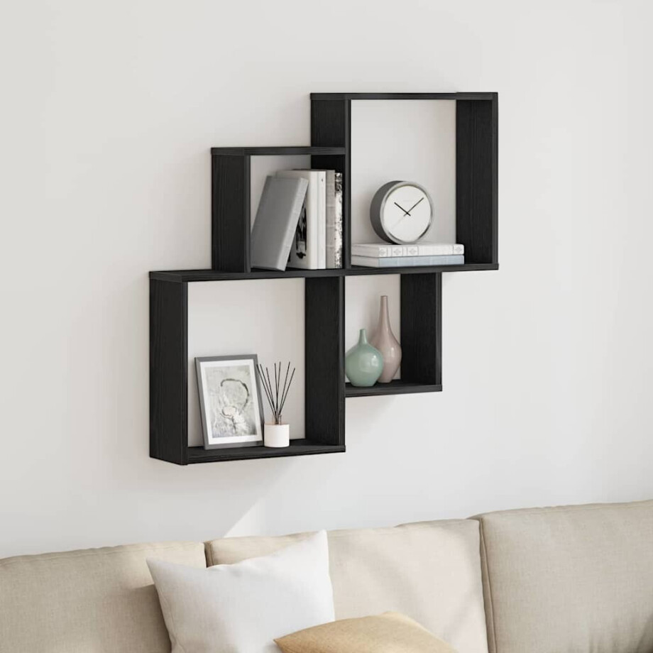 vidaXL Wandplank met plank Zwart Eiken 80 x 15 x 78,5 cm Bewerkt hout afbeelding 1