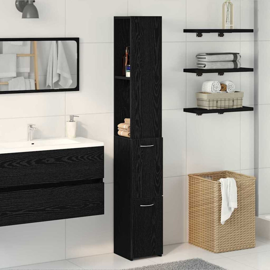 vidaXL Badkamer Kast Zwart Eiken 25 x 25 x 170 cm Bewerkt hout afbeelding 1