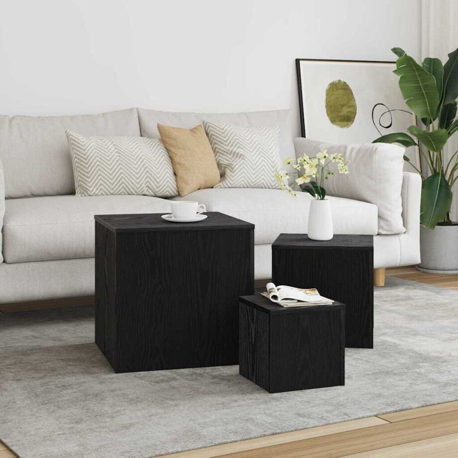 vidaXL Nesttafel 3 pcs Zwart Eiken Bewerkt hout vidaXL Nesttafel 3 pcs Zwart Eiken Bewerkt hout afbeelding 1