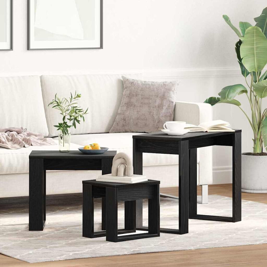 vidaXL Nesttafels 3 pcs Zwart Eiken Bewerkt hout afbeelding 1