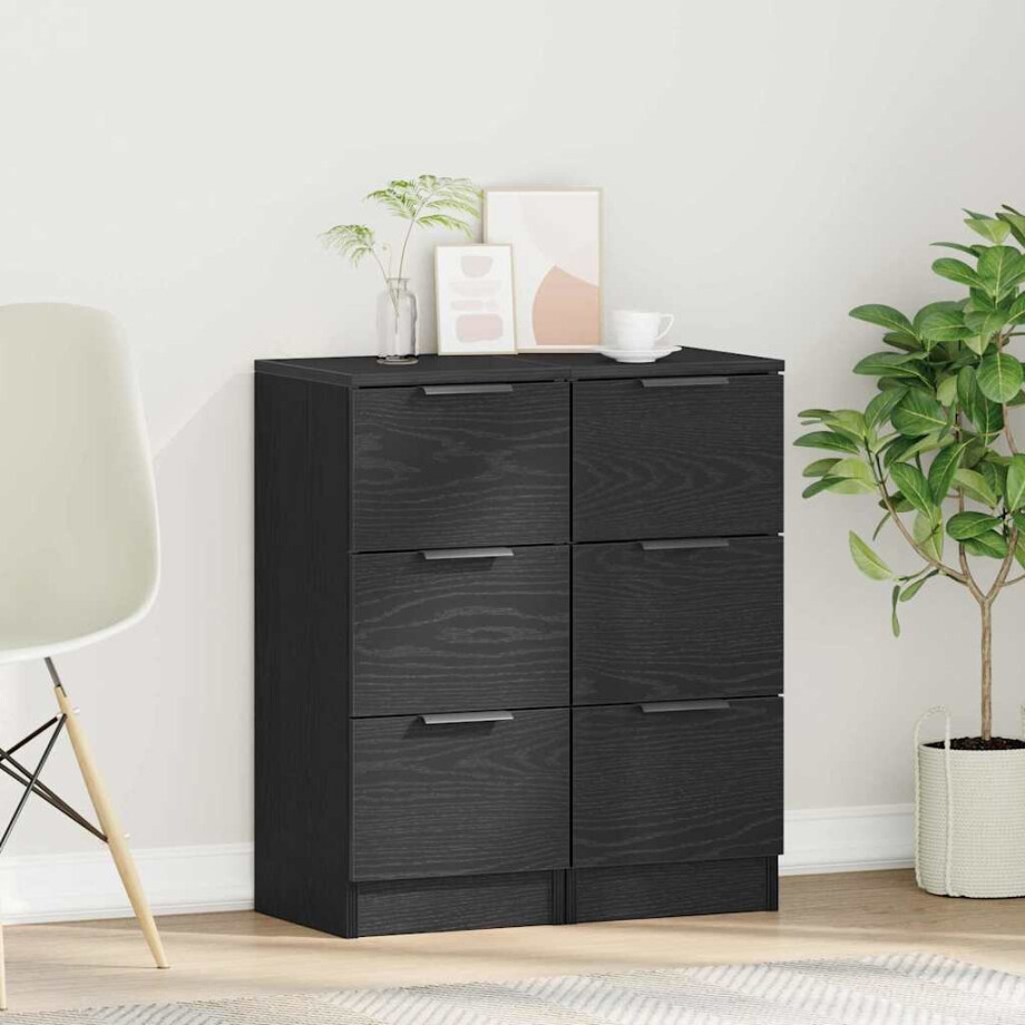 vidaXL Dressoir 2 pcs Zwart Eiken 30 x 30 x 70 cm Bewerkt hout afbeelding 1