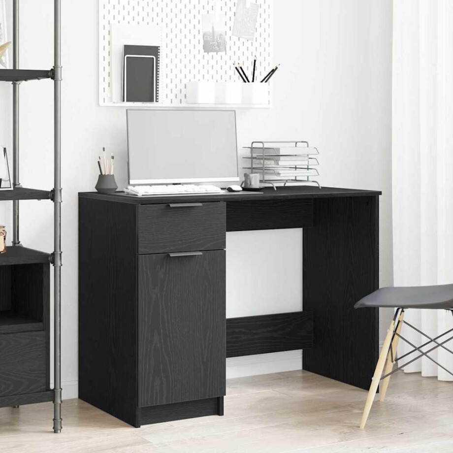 vidaXL Bureau met lade Zwart Eiken 100 x 50 x 75 cm Bewerkt hout afbeelding 1
