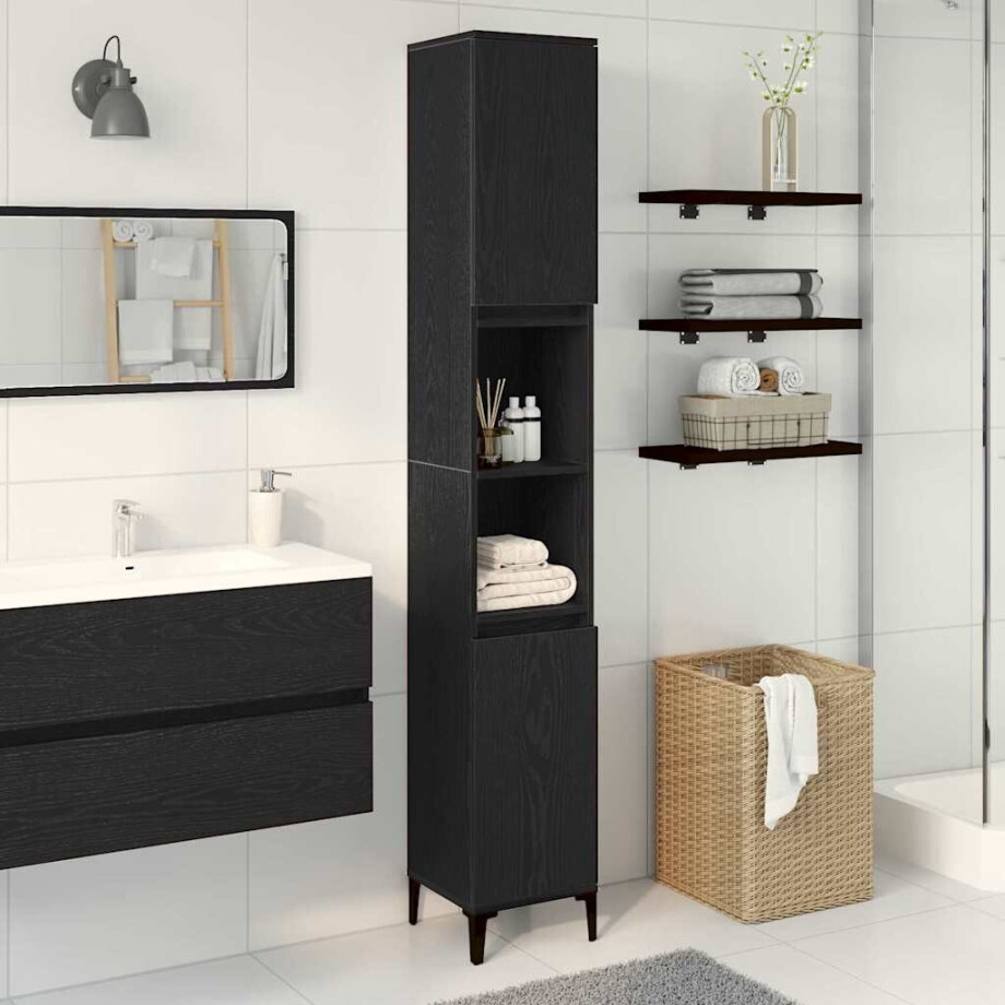 vidaXL Badkamer Kast Zwart Eiken 30 x 30 x 190 cm Bewerkt hout vidaXL Badkamer Kast Zwart Eiken 30 x 30 x 190 cm Bewerkt hout afbeelding 1