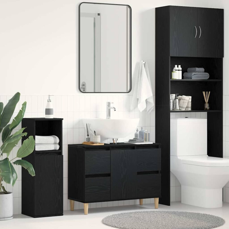 vidaXL Badkamertenk te kast Zwart Eiken 80 x 33 x 60 cm Bewerkt hout vidaXL Badkamertenk te kast Zwart Eiken 80 x 33 x 60 cm Bewerkt hout afbeelding 1