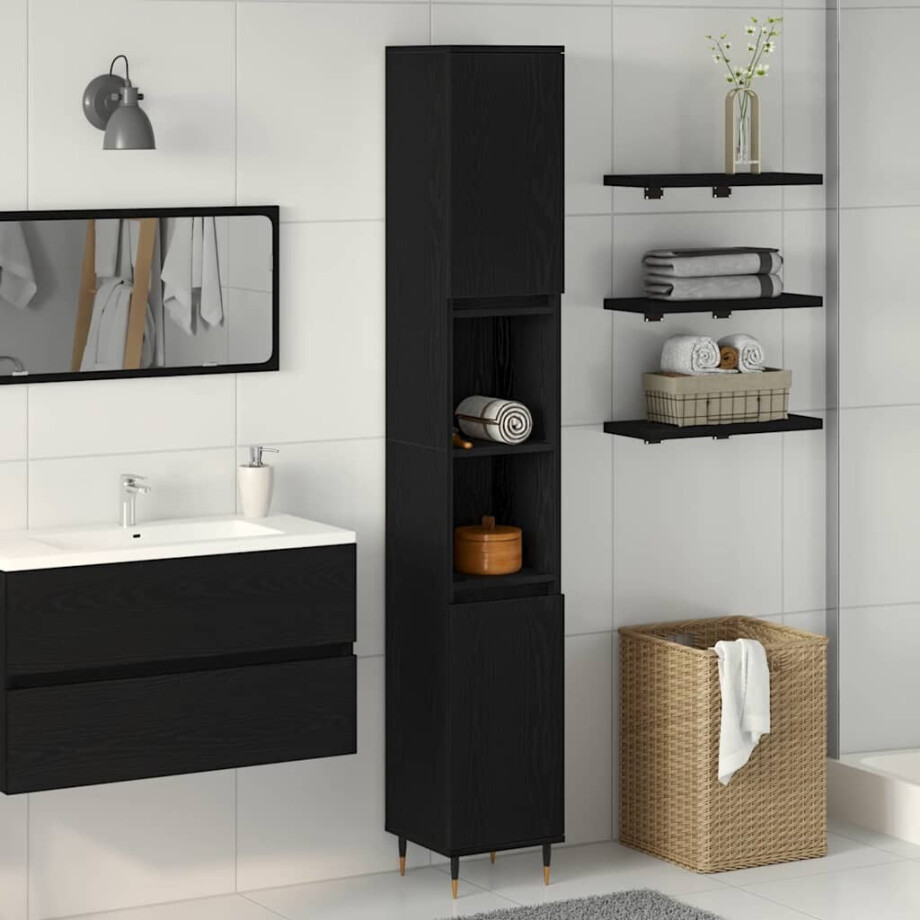 vidaXL Badkamer Kast Zwart Eiken 30 x 30 x 190 cm Bewerkt hout vidaXL Badkamer Kast Zwart Eiken 30 x 30 x 190 cm Bewerkt hout afbeelding 1