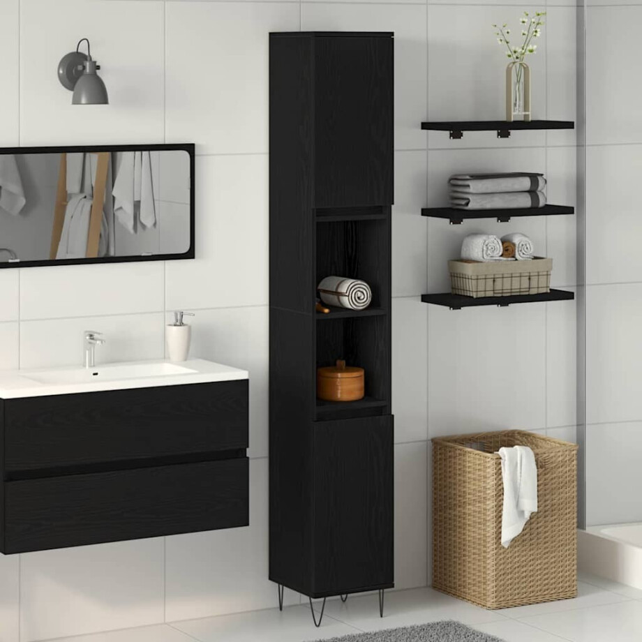 vidaXL Badkamer Kast Zwart Eiken 30 x 30 x 190 cm Bewerkt hout vidaXL Badkamer Kast Zwart Eiken 30 x 30 x 190 cm Bewerkt hout afbeelding 1