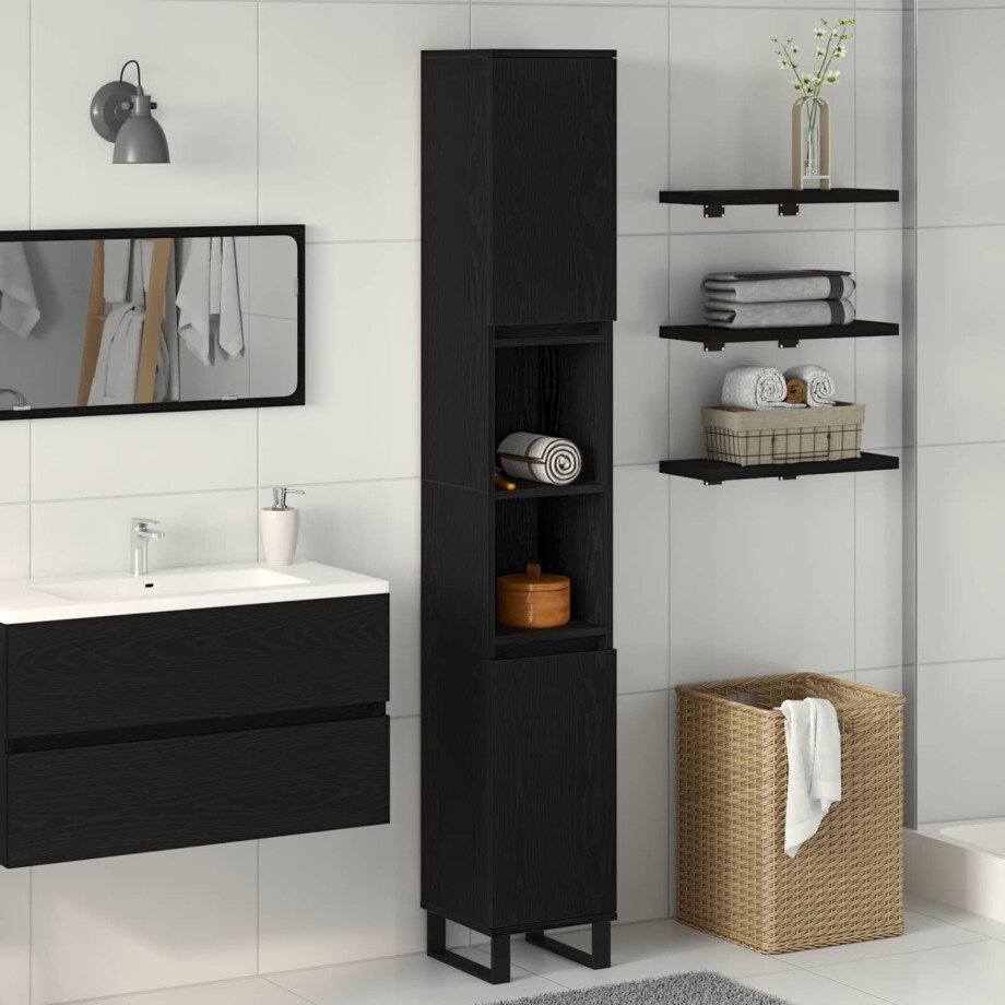 vidaXL Badkamer Kast Zwart Eiken 30 x 30 x 190 cm Bewerkt hout afbeelding 1