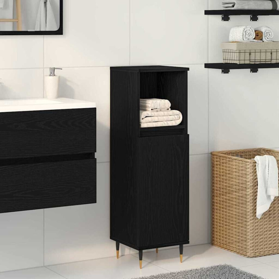 vidaXL Badkamer Kast Zwart Eiken 30 x 30 x 100 cm Bewerkt hout vidaXL Badkamer Kast Zwart Eiken 30 x 30 x 100 cm Bewerkt hout afbeelding 1