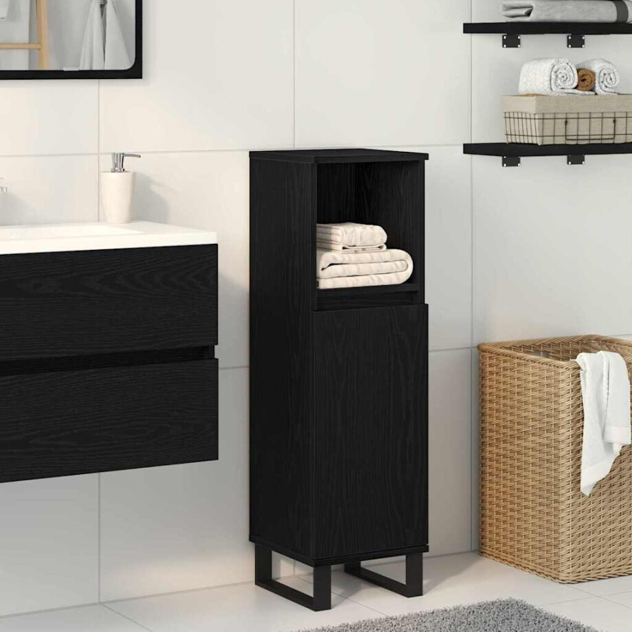 vidaXL Badkamer Kast Zwart Eiken 30 x 30 x 100 cm Bewerkt hout vidaXL Badkamer Kast Zwart Eiken 30 x 30 x 100 cm Bewerkt hout afbeelding 1