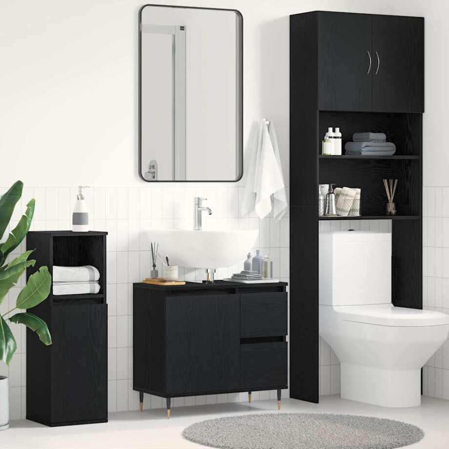 vidaXL Badkamer Kast met lade Zwart Eiken 65 x 33 x 60 cm Bewerkt hout afbeelding 1