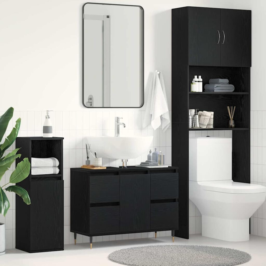vidaXL Badkamertenk te kast Zwart Eiken 80 x 33 x 60 cm Bewerkt hout vidaXL Badkamertenk te kast Zwart Eiken 80 x 33 x 60 cm Bewerkt hout afbeelding 1