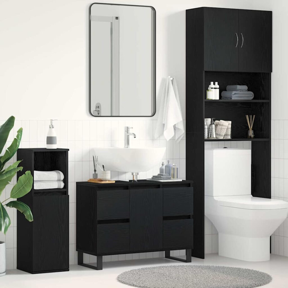vidaXL Badkamer Kast met lade Zwart Eiken 80 x 33 x 60 cm Bewerkt hout afbeelding 1
