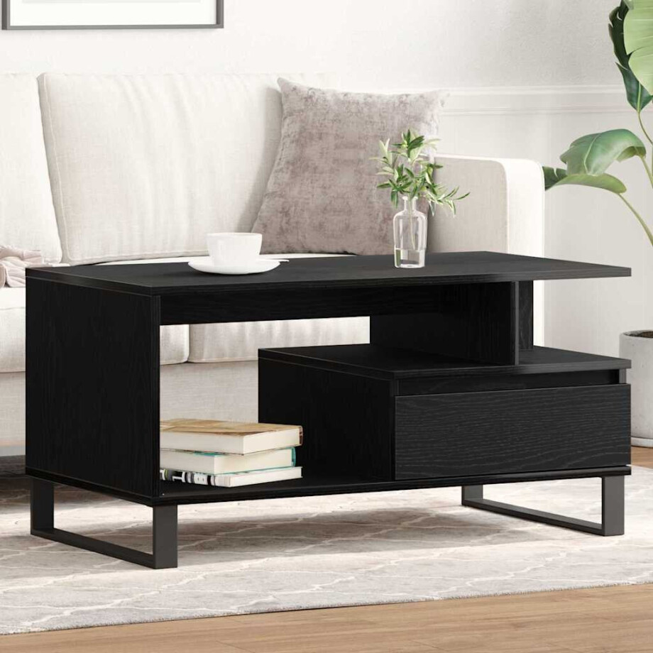 vidaXL Salontafel met lade Zwart Eiken 90 x 49 x 45 cm Bewerkt hout afbeelding 1