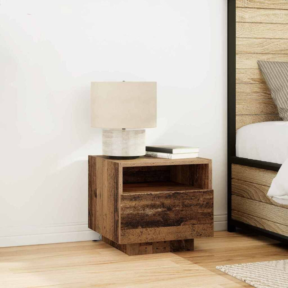 vidaXL Nachtkastje met lade Oudhout 40 x 39 x 37 cm Bewerkt hout afbeelding 1