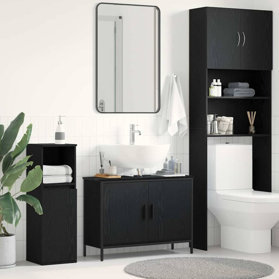 vidaXL Badkamer wastafelkast Zwart Eiken 80 x 30 x 60 cm Bewerkt hout vidaXL Badkamer wastafelkast Zwart Eiken 80 x 30 x 60 cm Bewerkt hout afbeelding 1