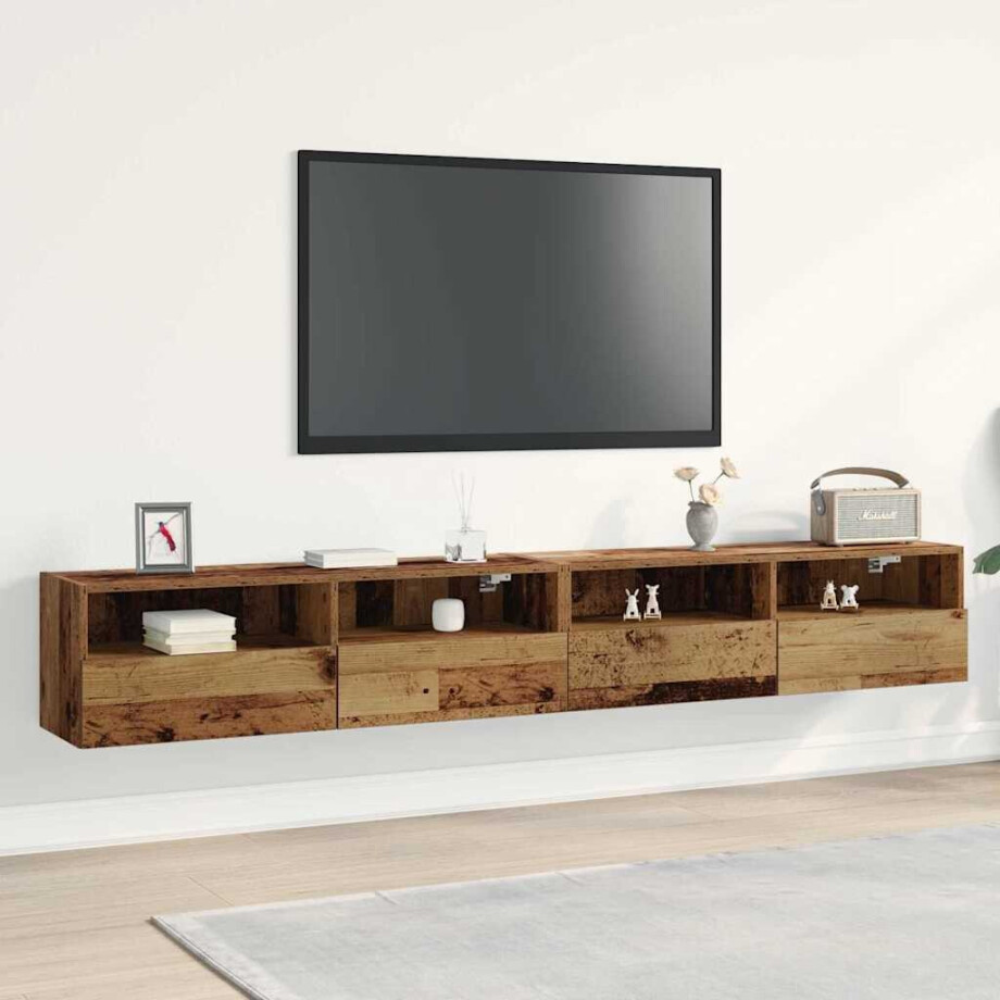 vidaXL TV Wandkast 2 pcs Oud Hout 100 x 30 x 30 cm Bewerkt hout afbeelding 1