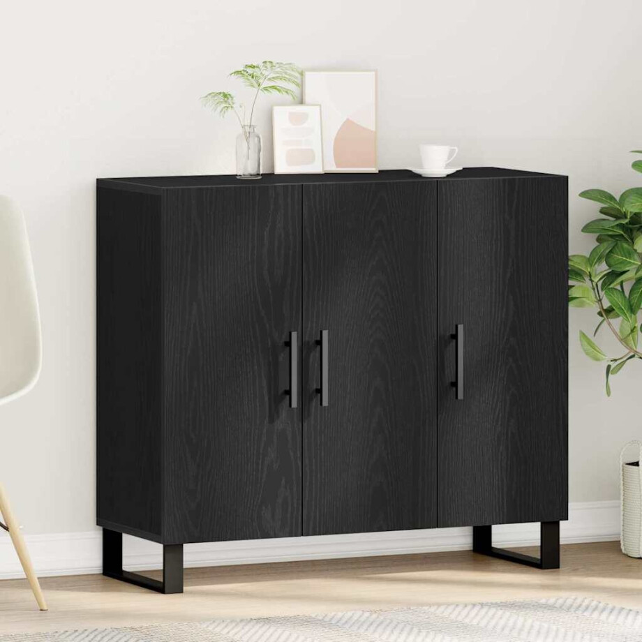 vidaXL Dressoir Zwart Eiken 90 x 34 x 80 cm Bewerkt hout afbeelding 1