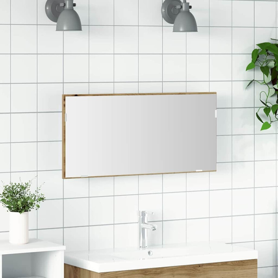 vidaXL Spiegel met LED-striplichten artisanaal eikenkleurig 80 x 37 cm afbeelding 1