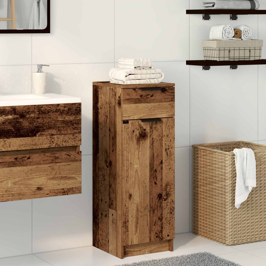vidaXL Badkamer Kast met lade Oud hout 32 x 34 x 90 cm Bewerkt hout afbeelding 1