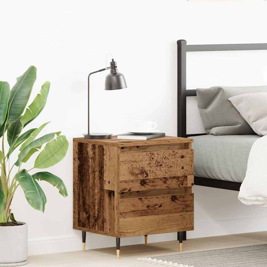 vidaXL Nachtkastje met lade Oudhout 40 x 35 x 50 cm Bewerkt hout afbeelding 1