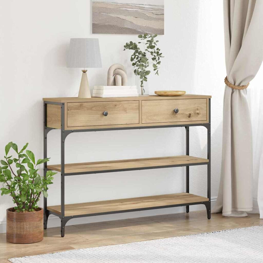 vidaXL Wandtafel met lade Artisan Eiken 72.5 x 25 x 75 cm Bewerkt hout afbeelding 1