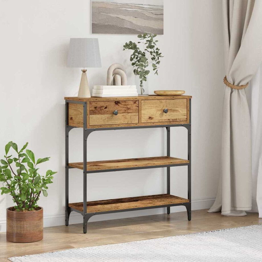 vidaXL Wandtafel met lade Oudhout 72.5 x 25 x 75 cm Bewerkt hout afbeelding 1