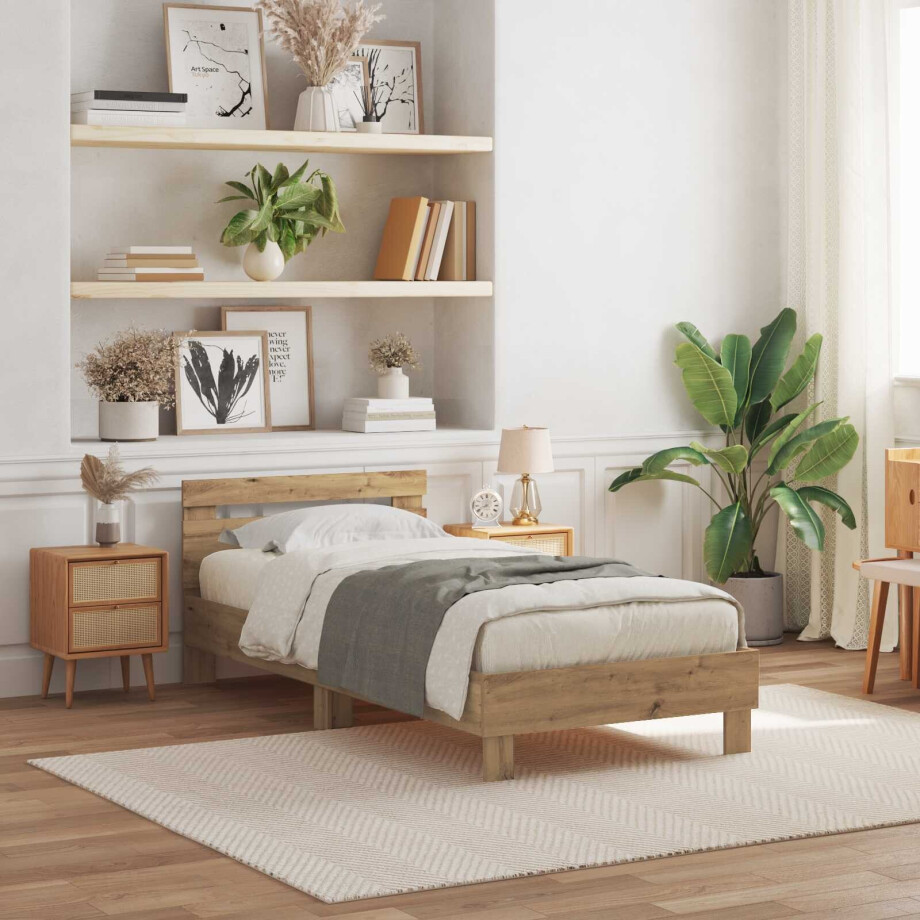 vidaXL Bedframe met LED Artisan Eiken 90 x 190 cm Bewerkt hout afbeelding 1