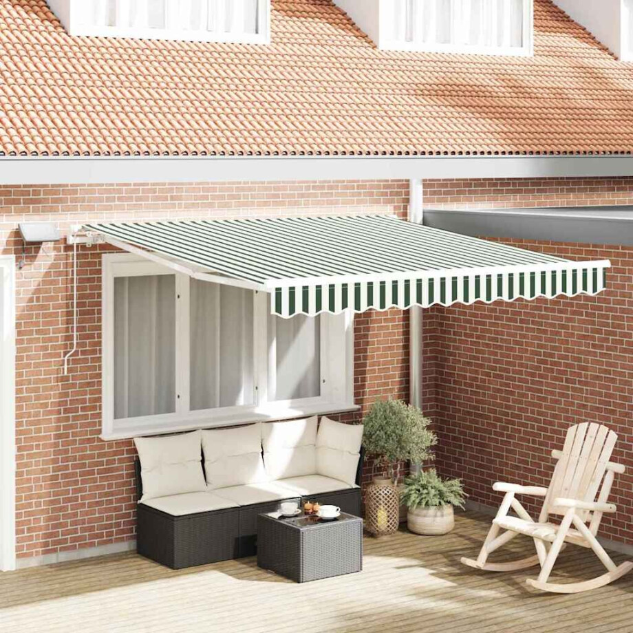 vidaXL Inklapbaar Zonnescherm Groen en Wit 350 x 250 cm Stof en Staal afbeelding 1