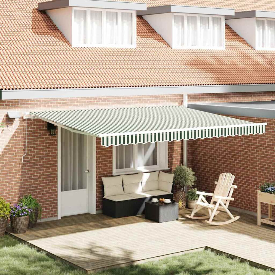 vidaXL Inklapbaar Zonnescherm Groen en Wit 450 × 300 cm Stof en Staal afbeelding 1