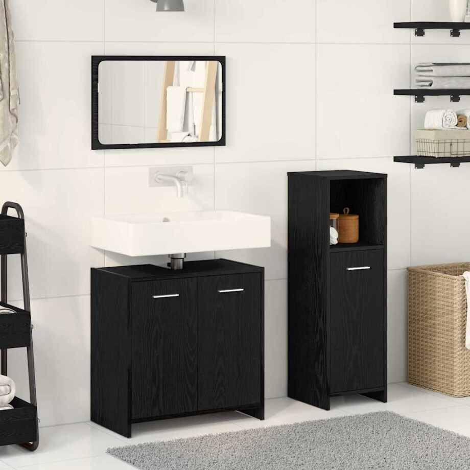 vidaXL Badkamermeubelset 3 st Zwart Eiken 30 x 30 x 95 cm Bewerkt hout afbeelding 1