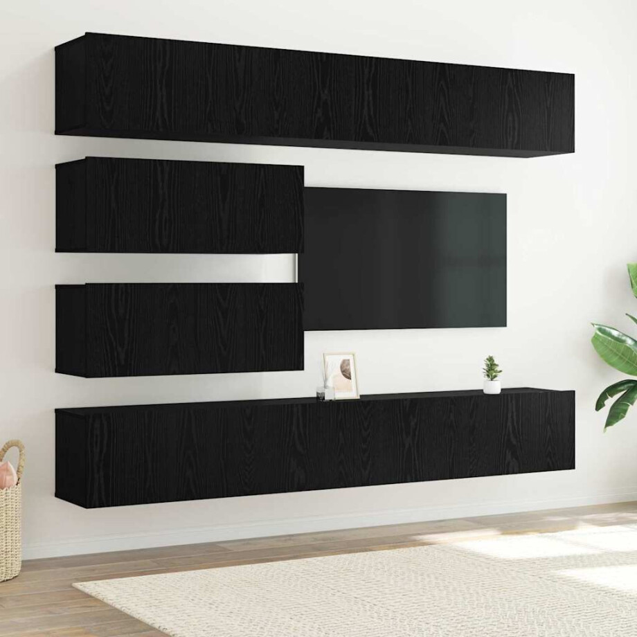 vidaXL Tv-meubelset Wandgemonteerd 6 pcs Zwart Eiken Bewerkt hout afbeelding 1