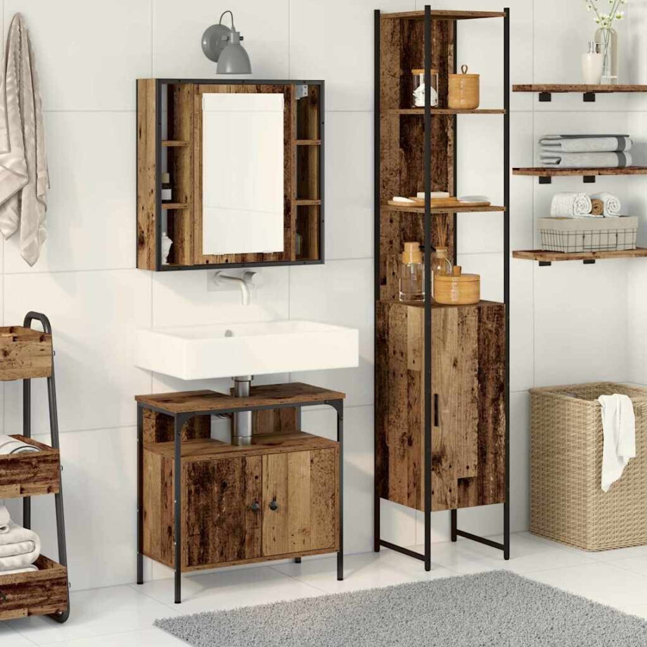 vidaXL Badkamermeubelset met plank 3 pcs Oud Hout Bewerkt hout vidaXL Badkamermeubelset met plank 3 pcs Oud Hout Bewerkt hout afbeelding 1