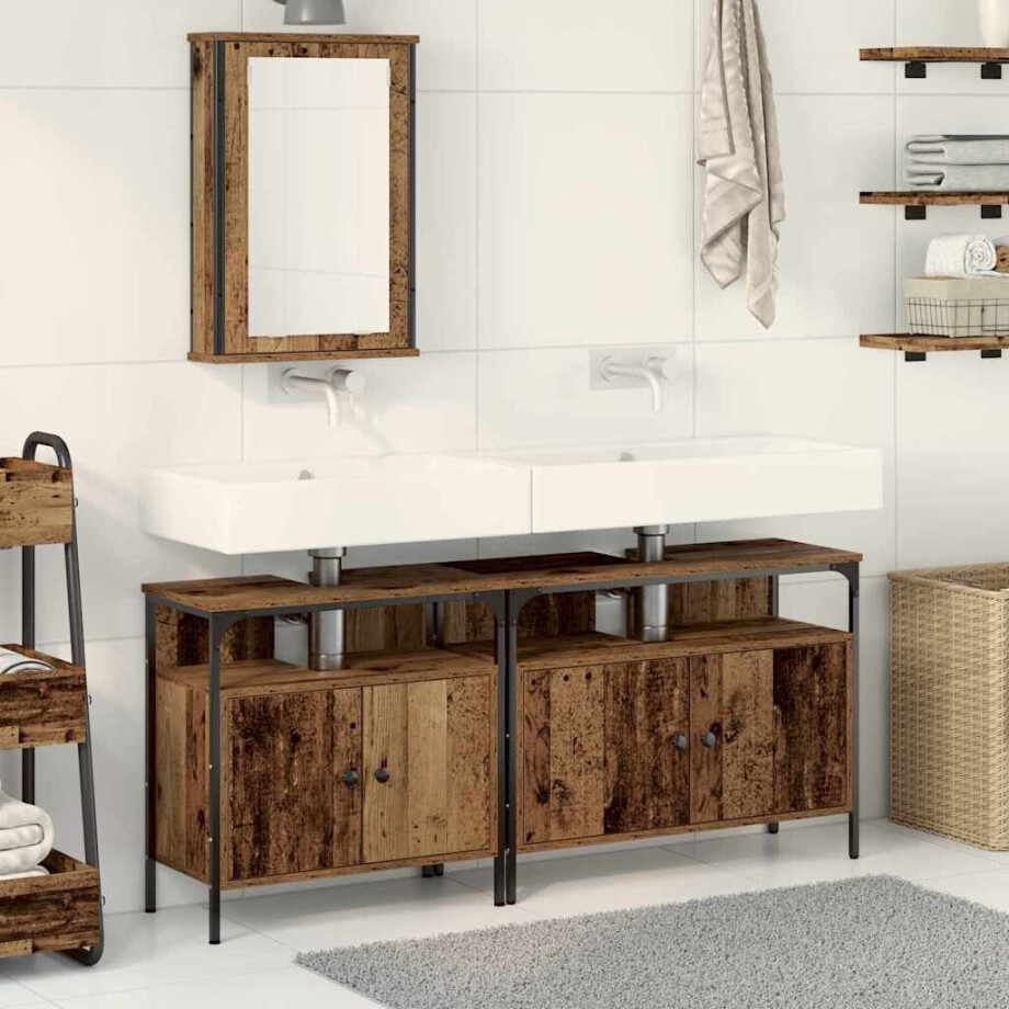 vidaXL Badkamermeubels met plank met opslag 3 pcs Bruin Bewerkt hout afbeelding 1