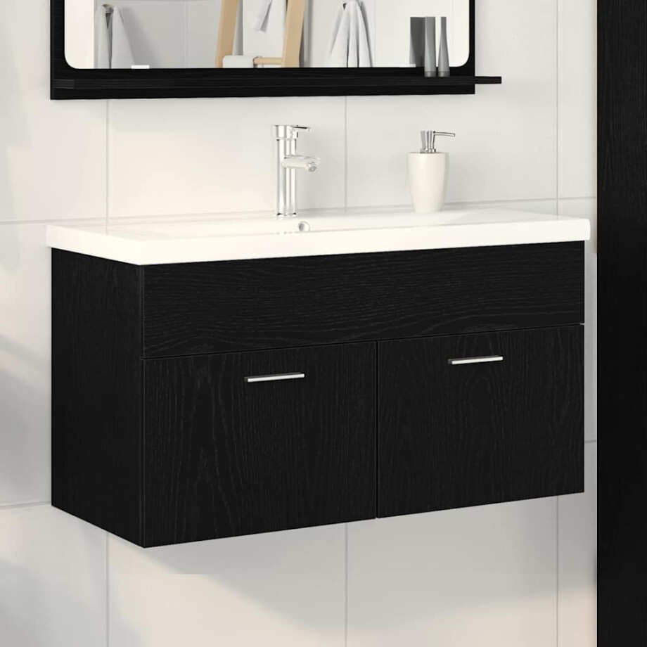 vidaXL Badkamerkast Zwart Eiken 90 x 38,5 x 46 cm Bewerkt hout afbeelding 1