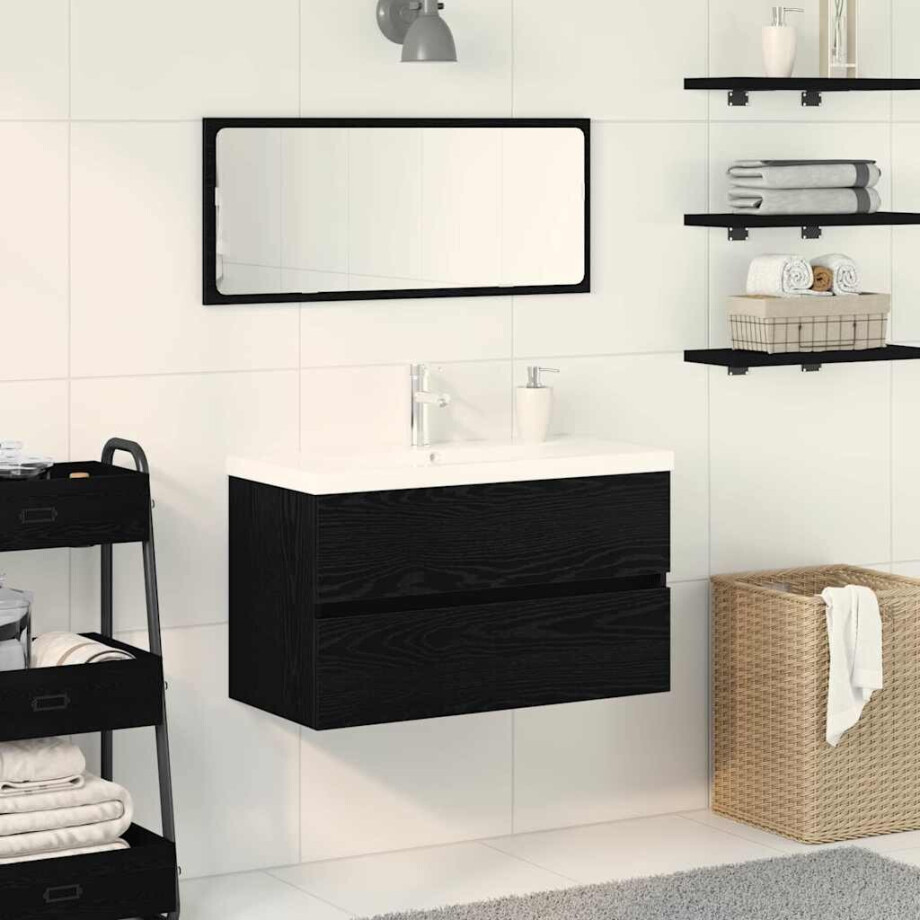 vidaXL Badkamertenk te kast Zwart Eiken 80 x 39 x 62 cm Bewerkt hout vidaXL Badkamertenk te kast Zwart Eiken 80 x 39 x 62 cm Bewerkt hout afbeelding 1