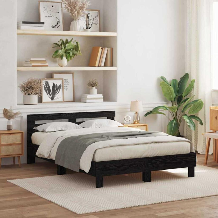 vidaXL Bedframe met hoofdeinde Zwart Eiken 160 x 200 cm Bewerkt hout afbeelding 1
