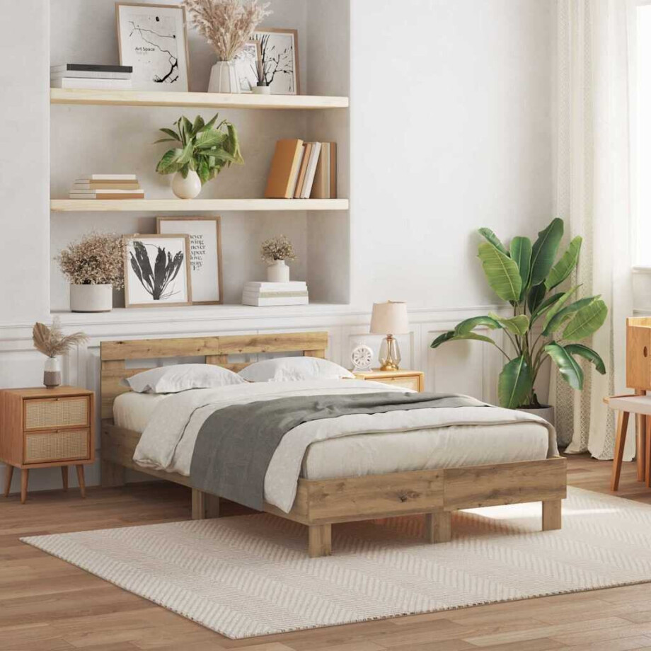 vidaXL Bedframe met hoofdeinde Artisan Eiken 120 x 200 cm Bewerkt hout afbeelding 1