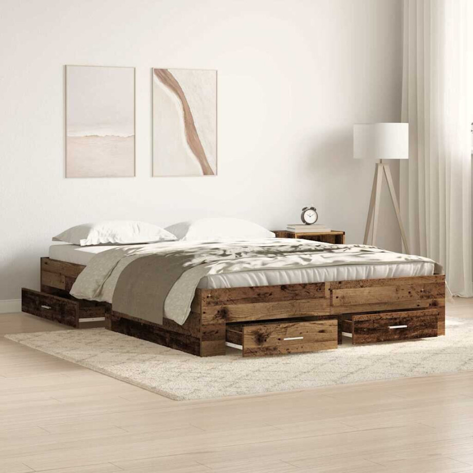 vidaXL Bedframe met lade met opslag Oud Hout 140 x 200 cm Bewerkt hout afbeelding 1